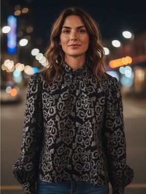 Calligraphie Top XL Black Floral Jacquard Long-Sleeve Whimsygoth Brocade Glam
